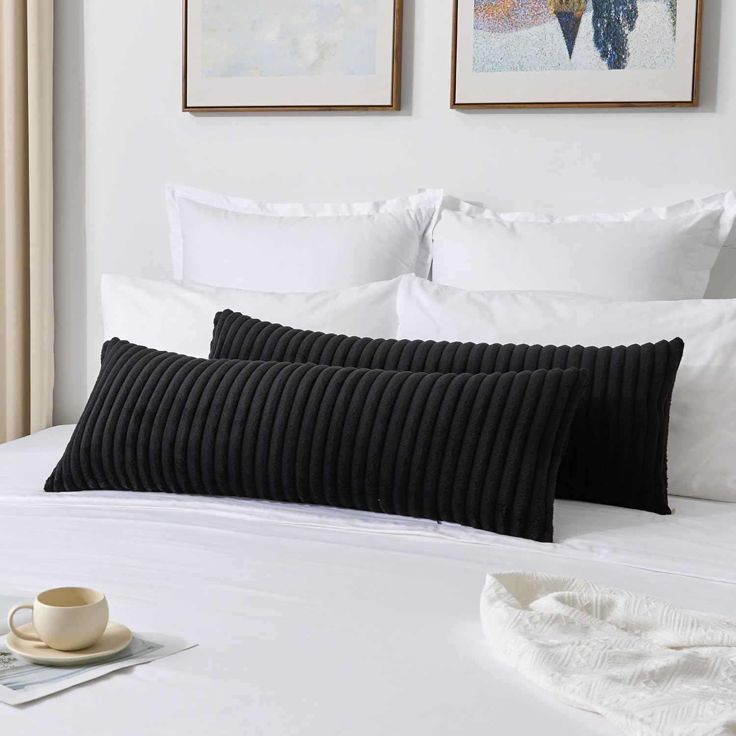 Kevin Textile Soft Plush 14x24 Inch Lumbar Pillow Cover 1 Pack, Luxury Fluffy Faux Fur Striped Flannel Rectangle Cushion Case for Couch Sofa Chair Bed Home Decor, Black