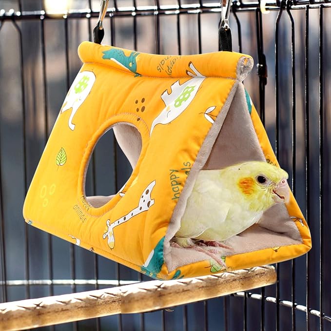 Rypet Winter Warm Bird Nest House - Hanging Hammock Velvet Shed Hut Cage Plush Fluffy Birds Hideaway Sleeping Bed Fuzzy for Parrot Parakeet Cockatiels Budgies Lovebird Medium（Yellow）