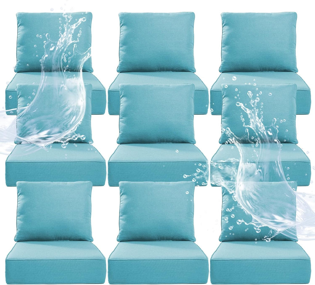 6" Thicker Outdoor Chair Cushion 9 Sets - 24" *24" *6" Waterproof Patio Furniture Cushions with Removable Cover, 28D High Density Sponge Filling Thicken Outdoor Patio Cushions - Turquoise