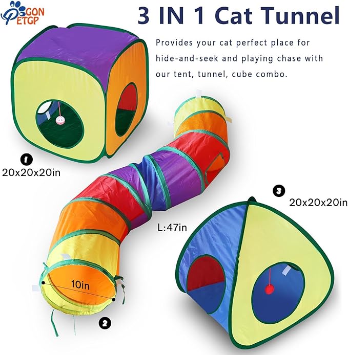 Cat Toys for Indoor Cats, Kitten Toys Set, Collapsible Pet Tunnel Cube Tent Toys, Interactive Cat Feather Teaser Wand Cat Bell Balls Fuzzy Ball Springs Mouse Toys (Rainbow)