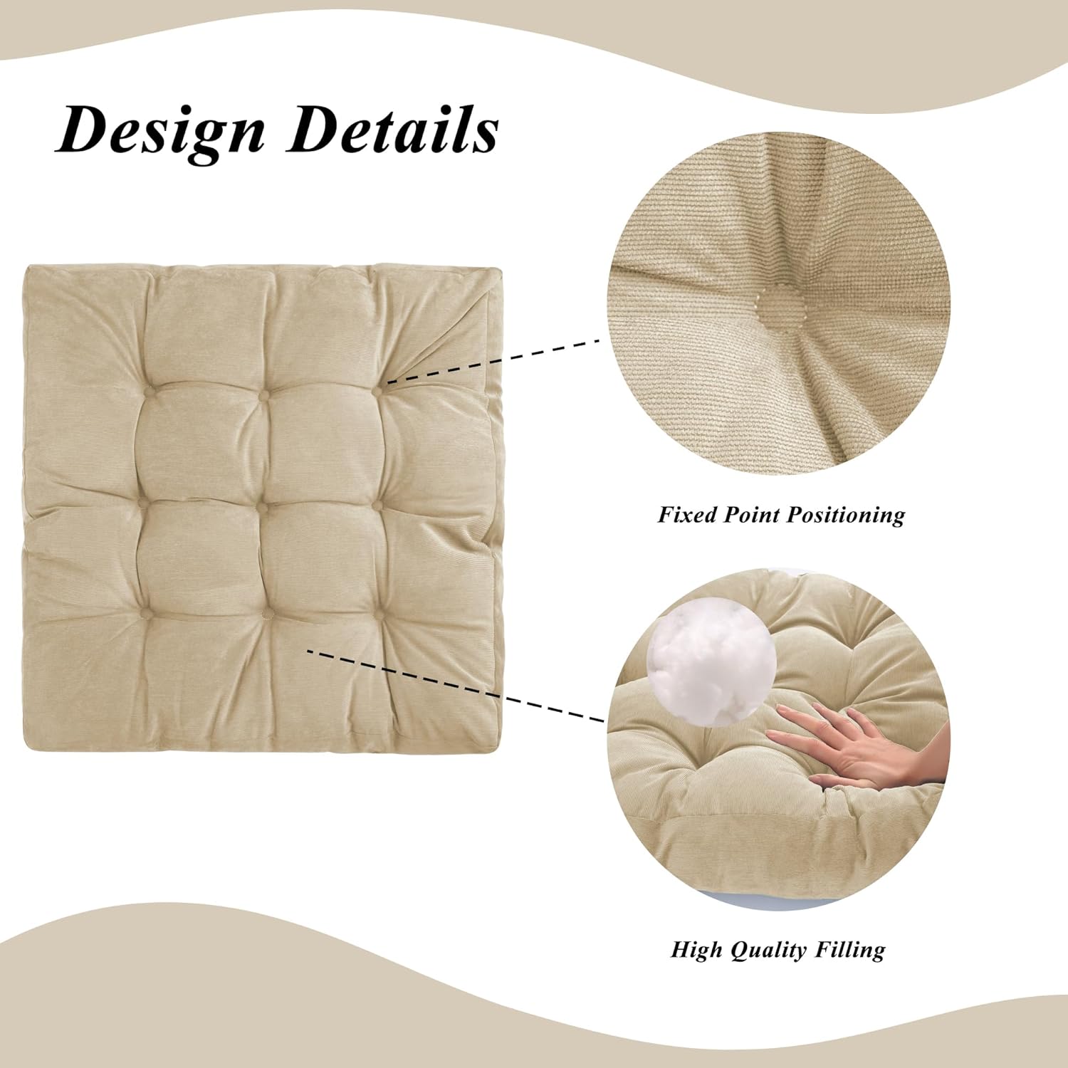 Meditation Floor Pillow 22×22 Inch 2 Pack Large Floor Cushions for Adults Square Tufted Corduroy Floor Pillows for Yoga Living Tatami Room Beige