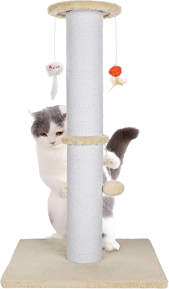 36.5 Inch Cat Scratching Post Heavy Duty Cat Scratch Post Handmade Cotton Rope with Hanging Toys for Ultimate Cat Fun(Beige)