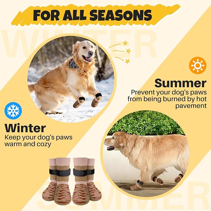 SlowTon Dog Socks with Double-Sided Grippers - 4PCS Dogs Grip Socks for Hot & Cold Pavement or Hard Floors, Non-Slip Paw Traction Protectors for Senior Small Medium Large Dogs(Brown, XL)