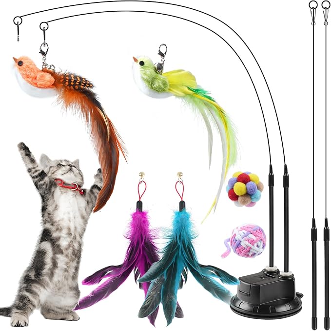 ROSAUI 11-Pack Cat Toy Set with Suction Cup Base and Wire Teasers – Interactive Bird and Feather Attachments with Yarn Balls for Cats and Kittens – Indoor Cat Fun and Exercise