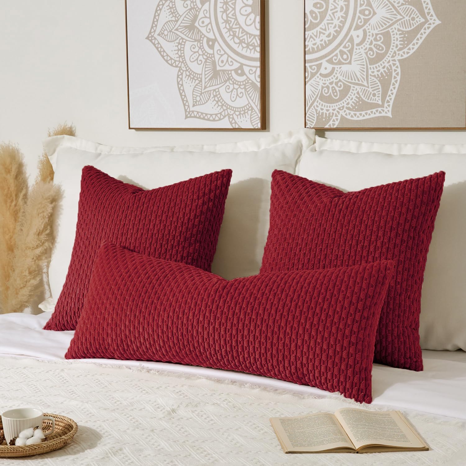 Kevin Textile 20x54 Inch Long Body Lumbar 1 Pack Boho Decorative Throw Pillow Cover Soft Striped Corduroy Rectangle Cushion Case Farmhouse Accent for Living Room Couch Sofa Bed, Burgundy