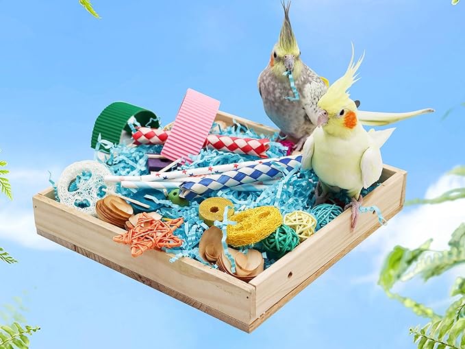 Bird Foraging Toys Box, Wooden Parrot Shredding Toys Box, Bird Chewing Toys, Birdcage Accessories, Suitable for Small Birds Parakeets Cockatiels Love Birds Conures