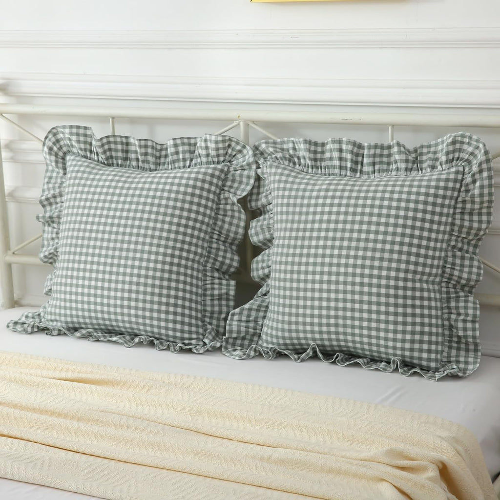 2 Pack Vintage Green Plaid Ruffle Euro Shams,Washed Cotton Checkered Gingham Pillow Covers 26"x26" for Sofa,Couch,Bed and Living Room