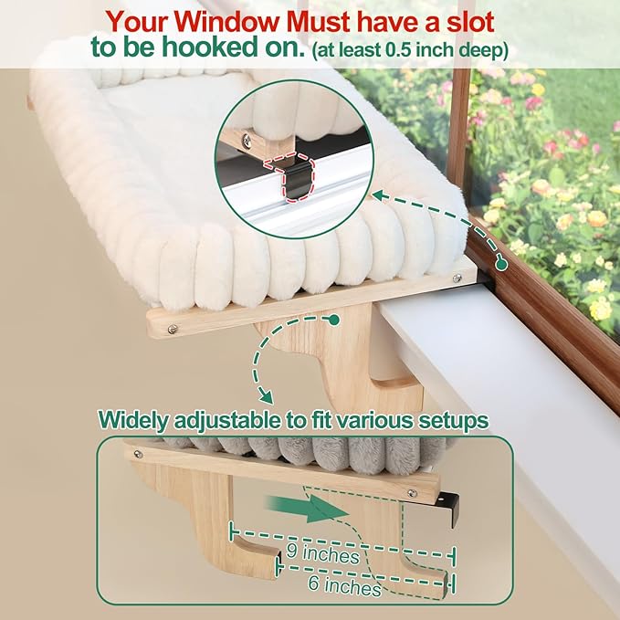 Zakkart SnugCloud Cat Window Perch with 4-Sided Bolster - Orthopedic Cat Hammock for Window Sill - Solid Hardwood & Metal Frame - Window Seat for Pets (Dark Stained Wood w/Gray Bed, Large)