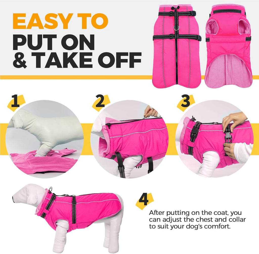 Lelepet Dog Winter Coat Waterproof Dog Jacket with Harness Built in Windproof Reflective Pet Coats for Extra Large Dogs, Thermal Fleece Lined Coats for Cold Weather Walking, Great Dane, Rose Red, 3XL