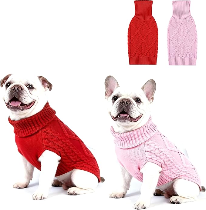 2 Pack Medium/Large Dog Sweater, Warm Comfy Stretch Dog Winter Coat w/Sleeves & High Neck, Premium Dog Clothes for Bulldog-Best for Holidays, Daily Walks L Red Pink