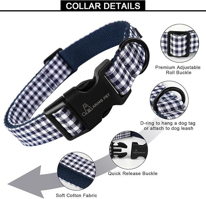 ARING PET Dog Collar, Cute Adjustable Comfortable Cotton Navy White Plaid Pet Collars for Small Medium Large Male Female Boy Girl Dogs-X-Small