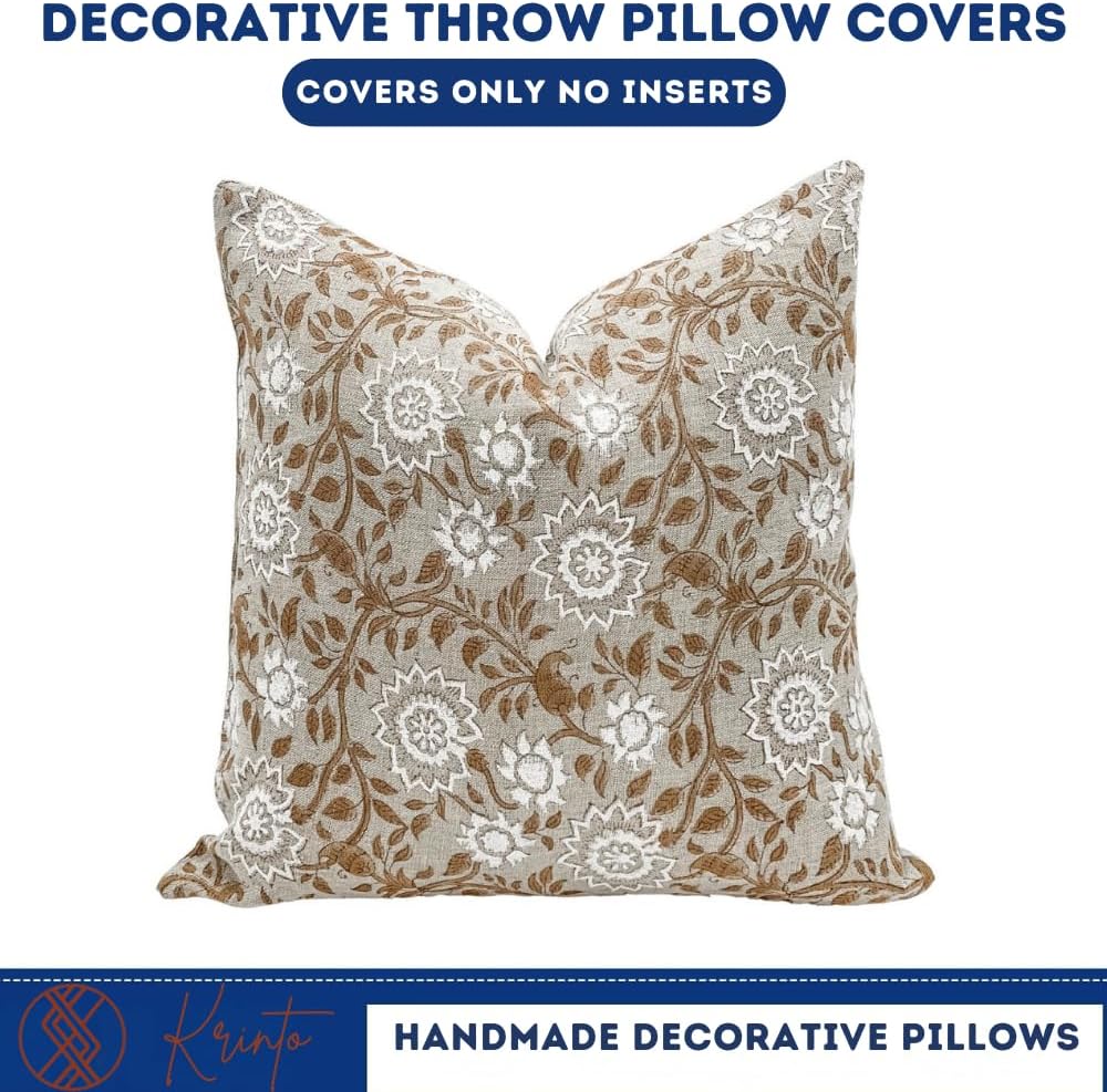 Designer Floral Warm Beige Tan on Off White Linen Pillow Cover, Peachy Pillow Cover, Boho Pillow, Neutral Pillow Cover, Floral Pillow Cover (Warm Beige Tan, 24x24)