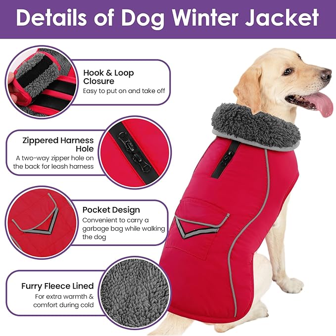SUNFURA Dog Coat, Large Dog Jacket Reflective Winter Coat for Cold Weather, Windproof Pet Snow Jacket with Pocket, Warm Fleece Sweater Clothes for Large Dogs, Red L