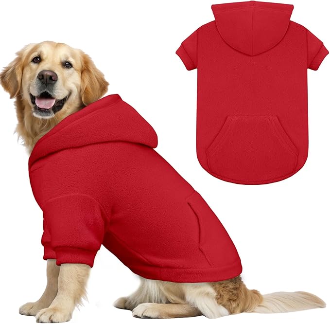 Dog Sweaters for Large Dogs,Dog Hoodie,Warm Fleece Sweatshirt with Hood & Pocket,Leash Hole,Cozy Cold Weather Pet Clothes Sweater Hoodie for Large Dogs(Red,XL)