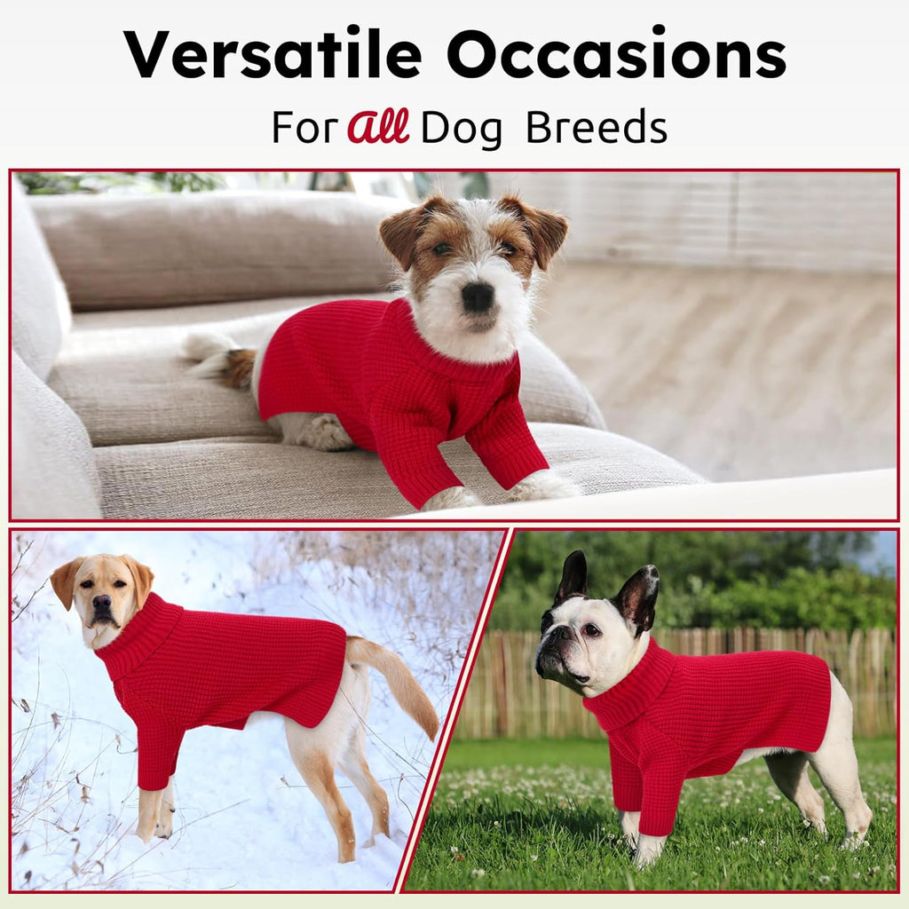 Queenmore Turtleneck Large Dog Sweater, Plaid Dog Sweater with Check Pattern, Long Sleeve Holiday Doggie Sweaters, Solid Pet Sweaters for Large Breeds, Red L