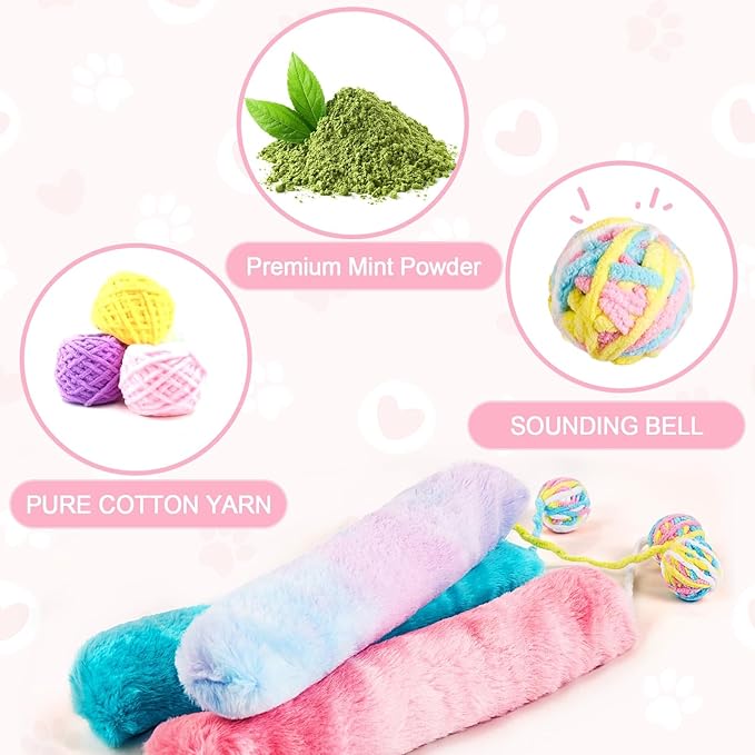 Cat Toy Pillows 3 Pack, Long Catnip Cat Kicker Toys, for Indoor Cats, Interactive Kitten Toys with Bell 14.6in/37cm