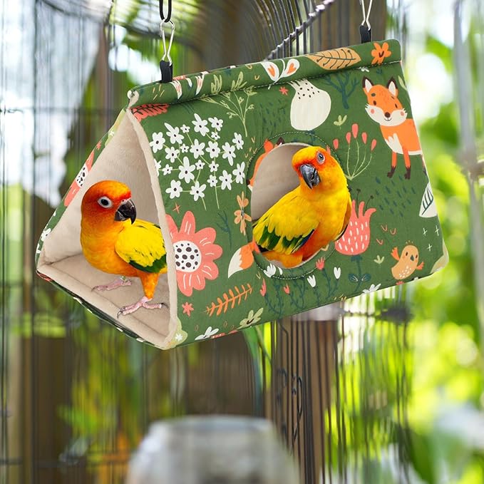 Rypet Winter Warm Bird Nest House - Hanging Hammock Velvet Shed Hut Cage Plush Fluffy Birds Hideaway Sleeping Bed Fuzzy for Parrot Parakeet Cockatiels Budgies Lovebird Medium（Green）