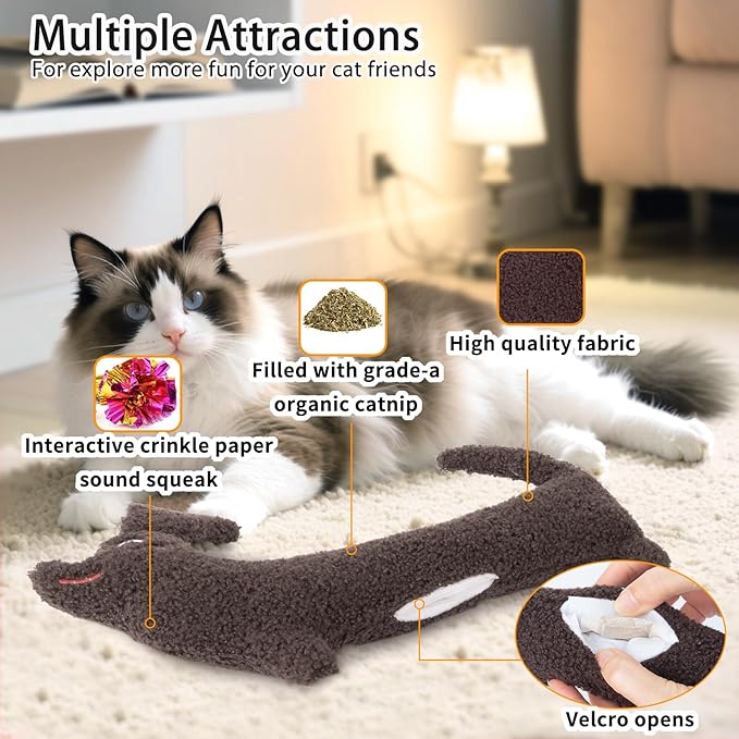 Cat Toy Kicker Pillow Large, Crinkle Sound Refillable Catnip Toy for Indoor Cats Kitten, Durable Plush Kitty Kicking Toy for Cat Chew Teeth Cleaning, Puppy Shape, Brown