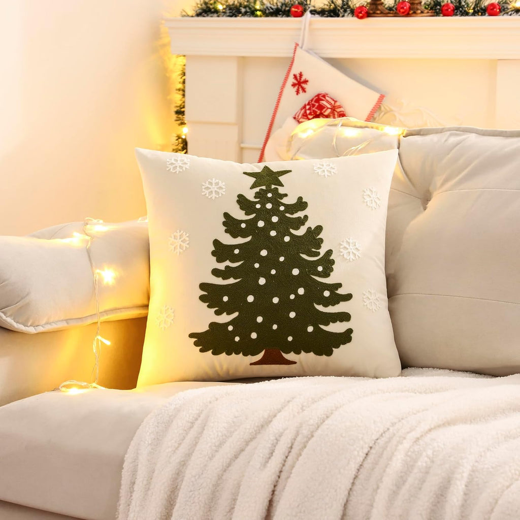 LUOYEHK Christmas Pillow Covers 18x18 Set of 2 Christmas Tree with Snowflakes Decorative Beige Pillow Cases Winter Holiday Velvet Embroidered Cushion Covers for Couch Sofa Bed