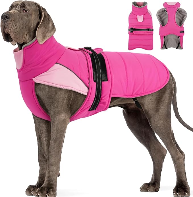 MIGOHI Thermal Large Dog Fleece Jacket - Rainproof Coat for Large Dogs, Thick Dog Winter Coat,Snow Jacket for Dogs Windproof for Hunting Camping,Windy Chilly Days,Doberman,Great Dane,3XL,Rosepink