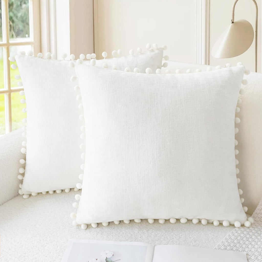 CaliTime Throw Pillow Covers Decorative 20 X 20 Inches Pack of 2 Cozy Solid Dyed Soft Chenille Cushion Cases with Pom Poms for Couch Sofa Bed Living Room Home True White