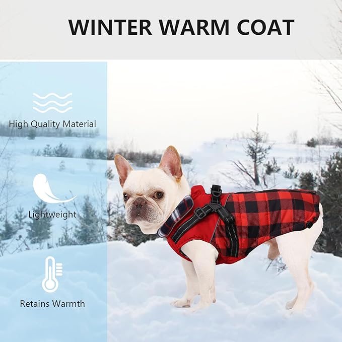 Dog Coat with Harness,Small Dog Winter Coat,Doggie Jackets with Built in Harness,Adjustable Warm Jacket for Medium Large Dogs,Pet Puppy Cold Weather Coats for Dogs Waterproof (PlaidRed, Small)