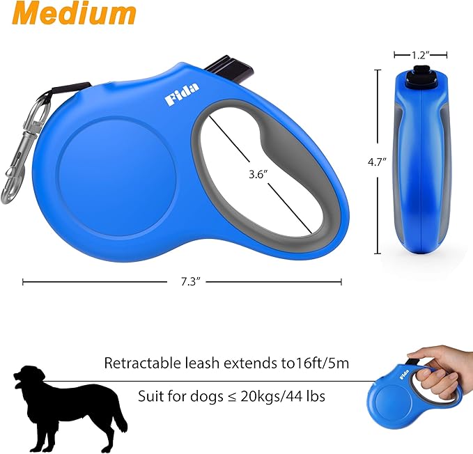 Fida Retractable Dog Leash with Dispenser and Poop Bags, 16 ft Pet Walking Leash for Medium Dog or Cat up to 44 lbs, Anti-Slip Handle, Tangle Free, Reflective Nylon Tape (M, Blue)