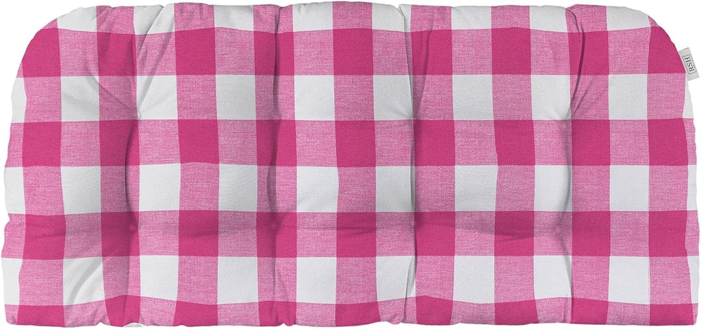 RSH DECOR: Tufted Wicker Loveseat Cushion | 41” x 19" | All-Weather Spun Fabric | Water and Fade-Resistant | Outdoor Settee Cushion for Patio Furniture | Classic Pink Buffalo