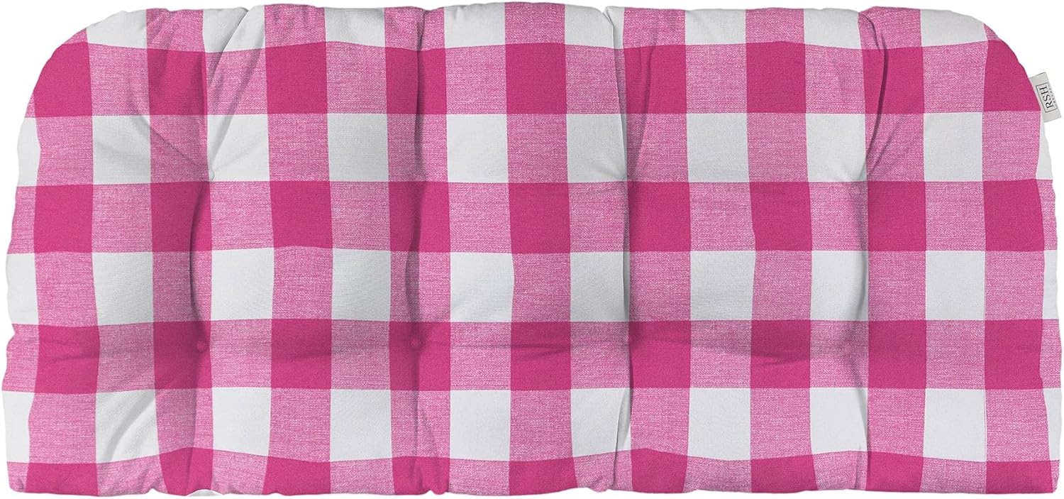 RSH DECOR: Tufted Wicker Loveseat Cushion | 41” x 19" | All-Weather Spun Fabric | Water and Fade-Resistant | Outdoor Settee Cushion for Patio Furniture | Classic Pink Buffalo