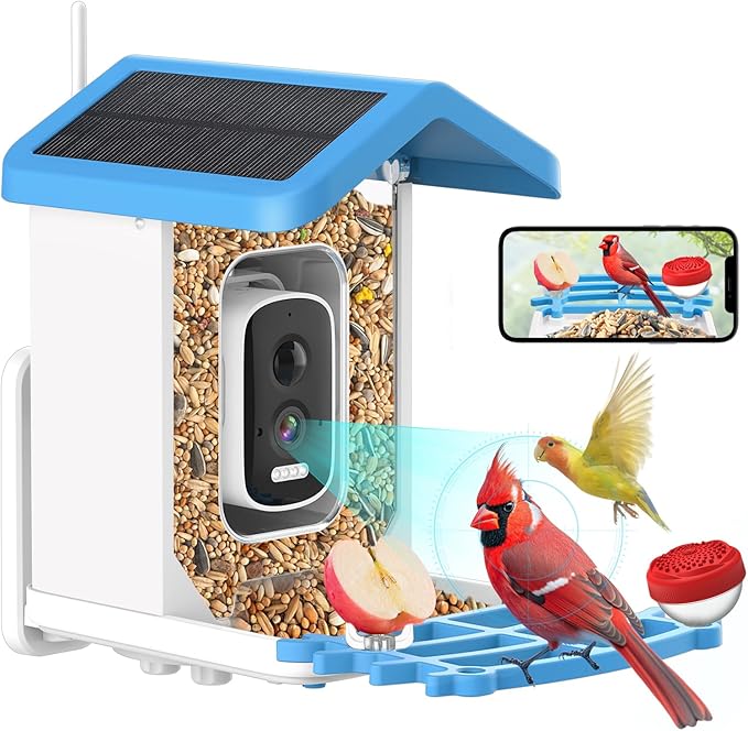 Bird Feeder with Camera Solar Powered: 2L Smart Bird Feeder, 2.5K Live Cam, AI Identification, Free 32GB Card, Waterproof Auto Video Capture for Outdoor Backyard – Gift for Festivals, Blue