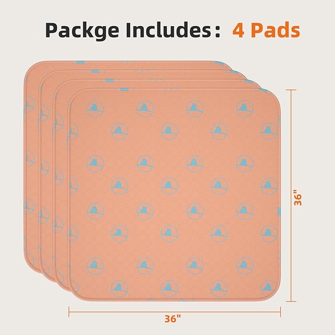 PJYuCien Washable Pee Pads for Dogs 4 Pack, 36" x 36" Reusable Pee Pads for Dogs, Leak-Proof Pet Training Pads, Puppy Pads for Non-Slip, Designed for Dog Pen, Whelping Pad, Potty Training (Orange)