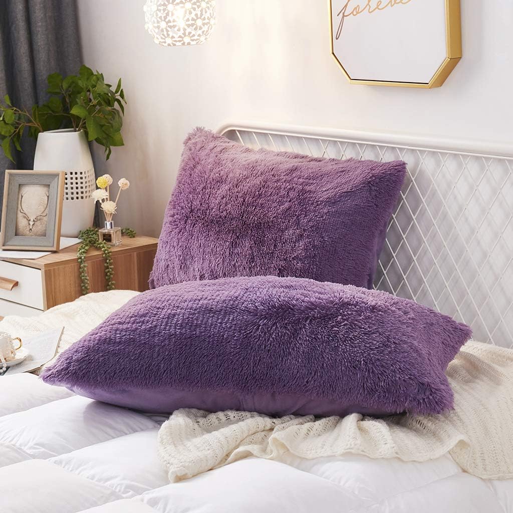 Uhamho Set of 2 Standard Pillowcases Faux Fur Throw Pillow Covers Queen Size Shams Soft Velvet Decorative Zipper Closure (Purple, 20"x26")