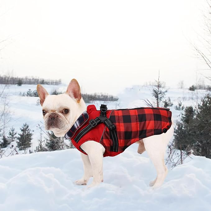Dog Coat with Harness,Small Dog Winter Coat,Doggie Jackets with Built in Harness,Adjustable Warm Jacket for Medium Large Dogs,Pet Puppy Cold Weather Coats for Dogs Waterproof (PlaidRed, X-Large)