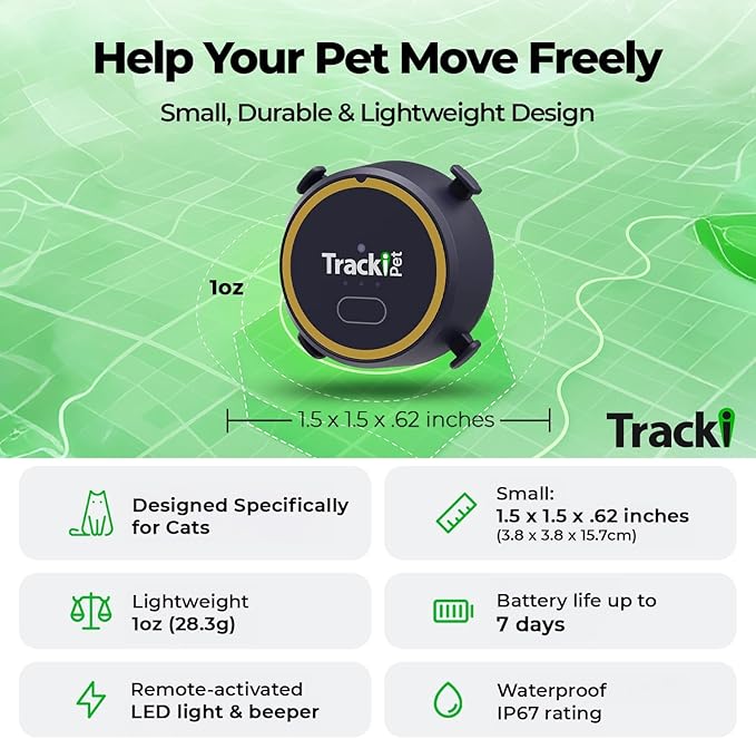 Tracki Cat GPS Tracker – Real-Time Cat Tracker & GPS Tracker for Cats – Smart Alerts, Geo-Fence, Waterproof, Collar-Compatible – Long-Life Battery – Works with iOS & Android (Subscription Required)