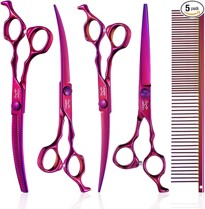 JASON Dog Grooming Scissors Set - Professional 6 in 1 Dog Shears Set - 7" Curved Thinner, 7" Straight, 7" Up-Curved, 7" Down-curved Scissors and Comb for Dog Cat Pet with Adjustable Screw