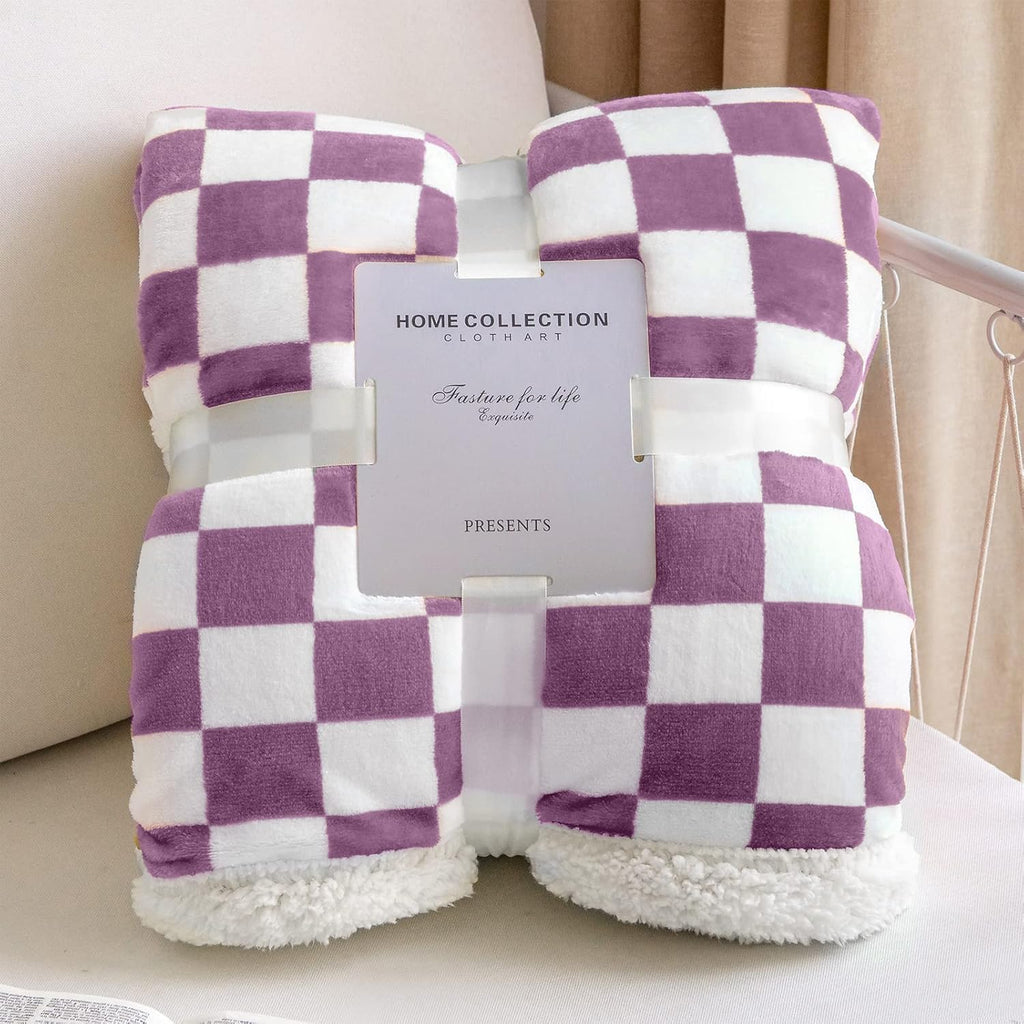 LOMAO Sherpa Throw Blanket Fleece Blanket with Checkered Pattern Soft Thick Blanket for Couch, Bed, Sofa Luxurious Warm and Cozy for All Seasons (Purple, 60"x80")