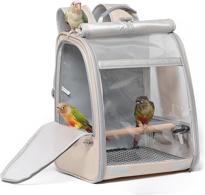 Bird Carrier Backpack, Portable Travel Bird Cage with Standing Perch, 2 Feeder Cups, Iron Mesh Stand & Removable Tray Lightweight, Breathable Mesh Window for Parrot Carrier，Easy Clean (Cream)