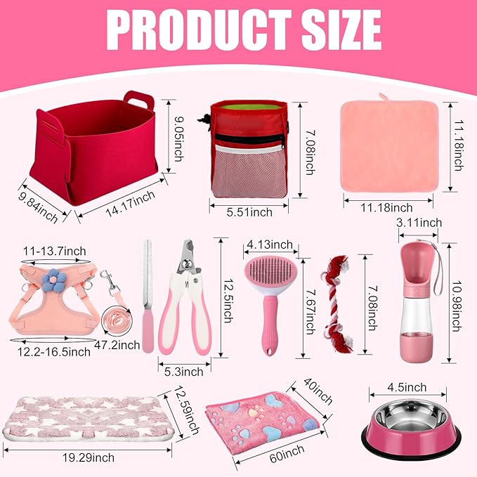 Abbylike 50 Pcs Puppy Supplies Starter Kit for Small Dogs Puppy Essentials Includes Leash, Bowls, Teeth Brushes, Water Bottle, and More Accessories for Dogs Christmas Welcome Gift(Pink)