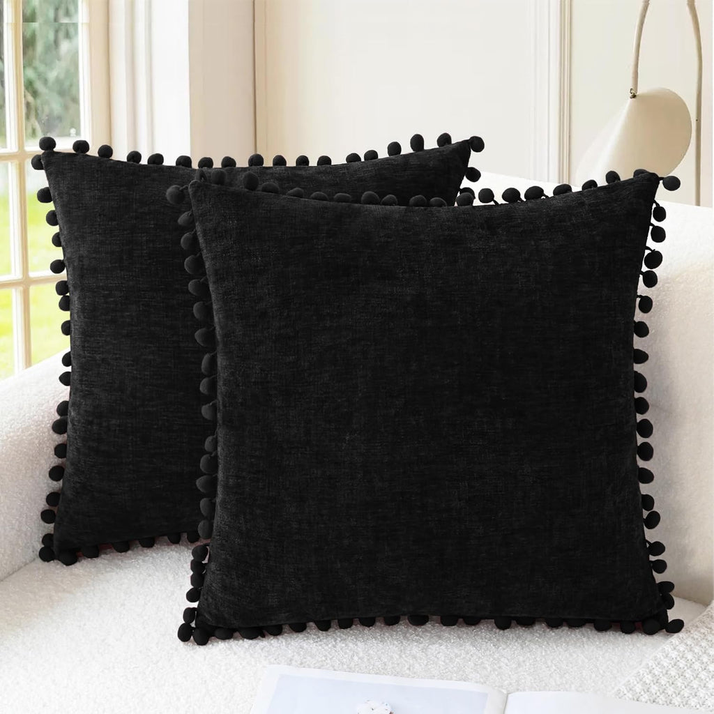 CaliTime Throw Pillow Covers Decorative 18 X 18 Inches Pack of 2 Cozy Solid Dyed Soft Chenille Cushion Cases with Pom Poms for Couch Sofa Bed Living Room Home Black