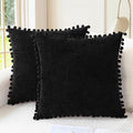 CaliTime Throw Pillow Covers Decorative 16 X 16 Inches Pack of 2 Cozy Solid Dyed Soft Chenille Cushion Cases with Pom Poms for Couch Sofa Bed Living Room Home Black