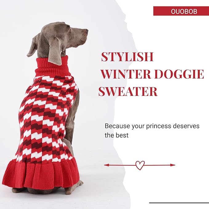 Dog Sweaters for Large Dogs Girl, Dog Sweater Dress with Leash Hole, Thick Turtleneck Knitwear for Female Dogs, Warm Fall Winter Dress for Cold Weather, Thanksgiving, Christmas - Red L