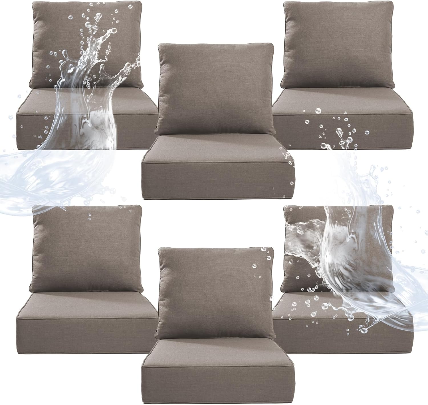6" Thicker Outdoor Chair Cushion 6 Sets - 24" *24" *6" Waterproof Patio Furniture Cushions with Removable Cover, 28D High Density Sponge Filling Thicken Outdoor Patio Cushions - Grey