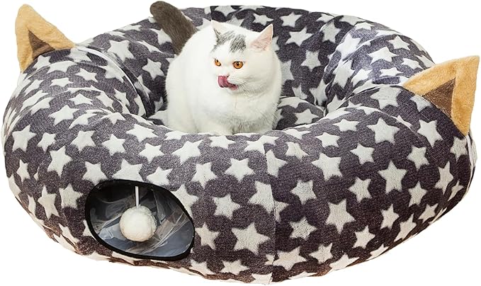LUCKITTY Large Cat Tunnel Bed Under Christmas Tree with Fluffy Toy Balls, Small Cushion and Flexible Design- 10 inch Diameter, 3 ft Length- Great for Cats, and Small Dogs, Gray Star Pattern