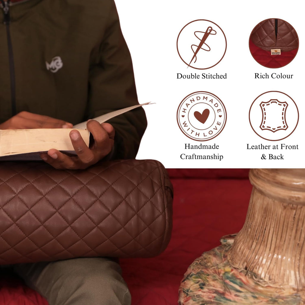 Neck Roll Pillow Cushion Cover, 18x6 Inch Full Moon Round Bolster Pillow Case, Cylinder Soft Lambskin Leather Pillowcase for Head, Spine & Neck Support During Sleep - Quilted Chocolate Brown Pack of 1