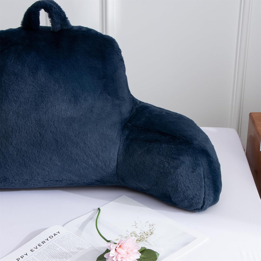 A Nice Night Faux Fur Soft Reading Pillow Bed Wedge Adult Backrest with Arms Back Support for Sitting Up in Bed/Couch for Bedrest,Navy,Large
