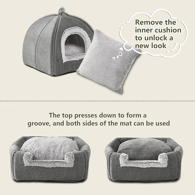 Cat Bed Cave-Cat Beds for Indoor Cats,Kittens and Small Pets,Soft and Warm Cats House Tent Bed,Foldable and Washable with Removable Cushioned and Anti Slip Bottom,Grey 15inches