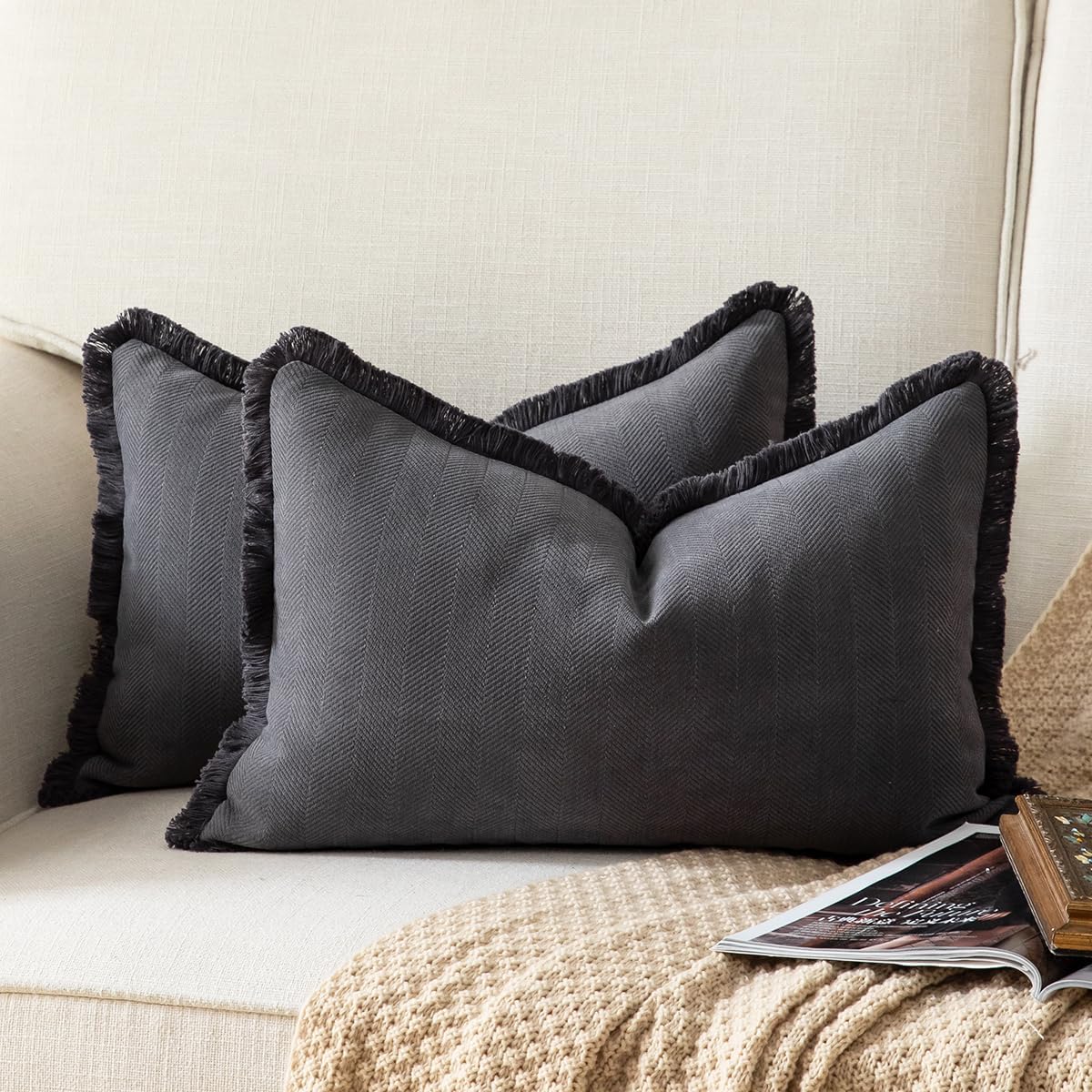 Set of 2 Decorative Fringe Throw Pillow Covers Chenille Pillow Covers Elegant Design Pillowcase Soft Tassels Cushion Cover for Couch Bed Home Decor,12×20 Inch,Rustic Gray
