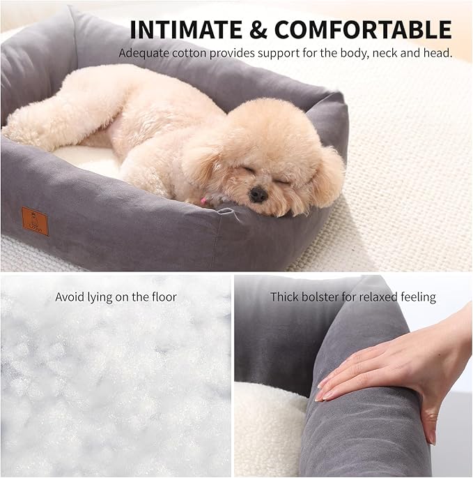 25In Dog Bed for Small Medium Sized Dogs - Washable Rectangle Puppy Bed for Indoor Outdoor, Cozy Pet Bed with Support Pillow & Non-Slip Bottom(Grey, Medium)