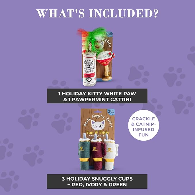 Holiday White Paw & Pawpermint Cattini + Holiday Snuggly Cups Set, Plush Cat Toys Catnip Filled with Interactive Crackle Sound, Safe & Durable Toys for Cat & Kitten, 5 Pcs