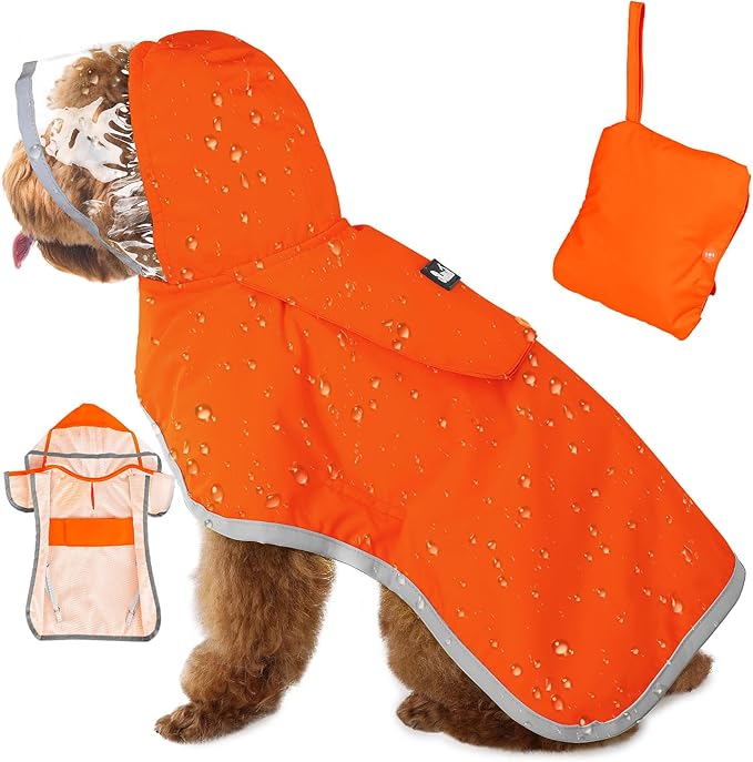 SlowTon Dog Raincoat, Adjustable Dog Rain Jacket Clear Hooded Double Layer, Waterproof Poncho with Reflective Strip Straps and Storage Pocket for Small Medium Large Dogs Puppies(OR S)